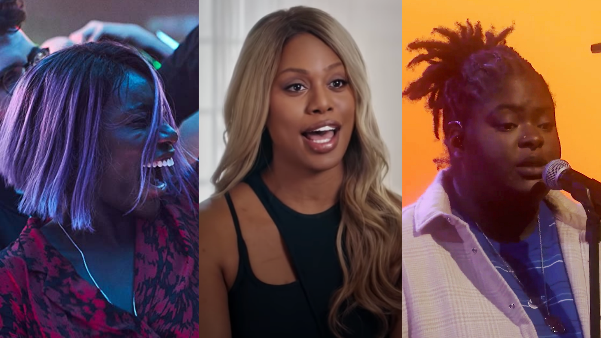 Michaela Coel in I May Destroy You (2020); Laverne Cox in Disclosure (2020); Chika performs during the Pandora LIVE Countdown to the GRAMMY Awards on March 11, 2021. Photo: Getty Images HBO