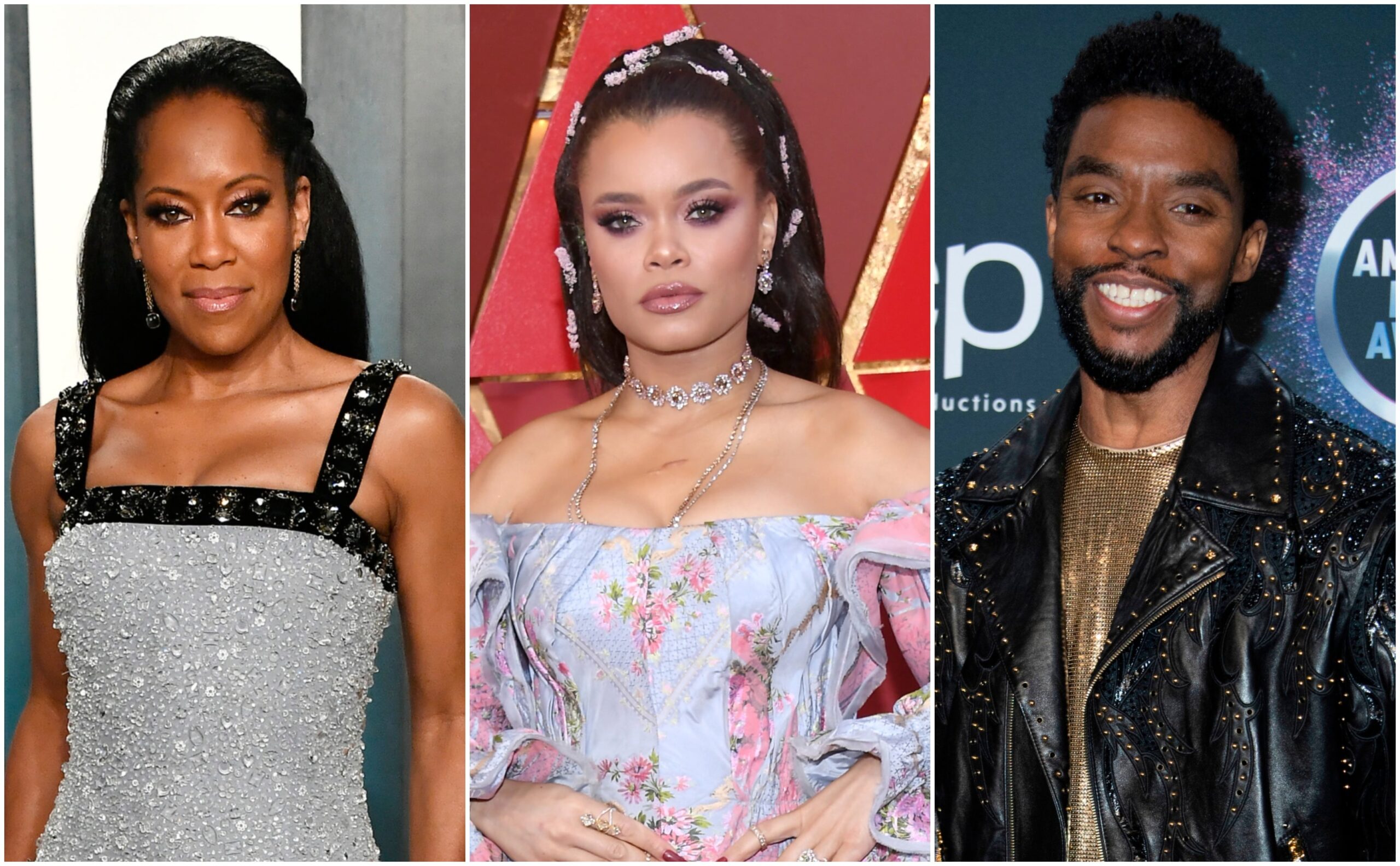 Regina King attends the 2020 Vanity Fair Oscar Party hosted by Radhika Jones on February 09, 2020 in Beverly Hills, California; Andra Day attends the 90th Annual Academy Awards on March 4, 2018 in Hollywood, California; Chadwick Boseman poses at the 2019 American Music Awards on November 24, 2019 in Los Angeles. Photo: Getty Images Frazer Harrison/Kevork Djansezian/Valerie Macon / AFP