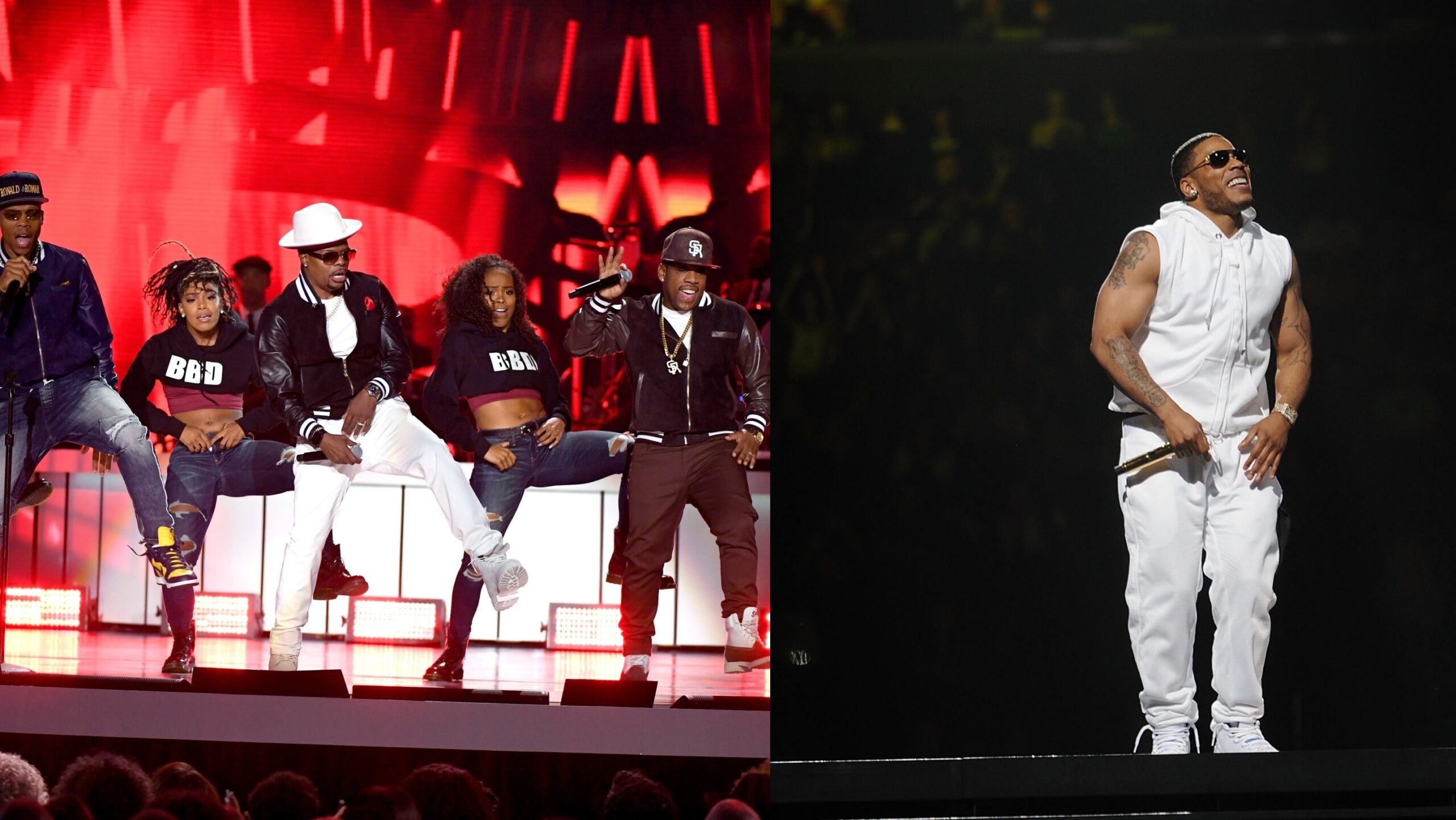 Ronnie DeVoe, Ricky Bell, and Michael Bivins of Bell Biv DeVoe perform onstage during the 2018 Soul Train Awards on November 17, 2018; Nelly performs at Madison Square Garden on June 21, 2015. Photo: Getty Images Ethan Miller/Getty Images for BET