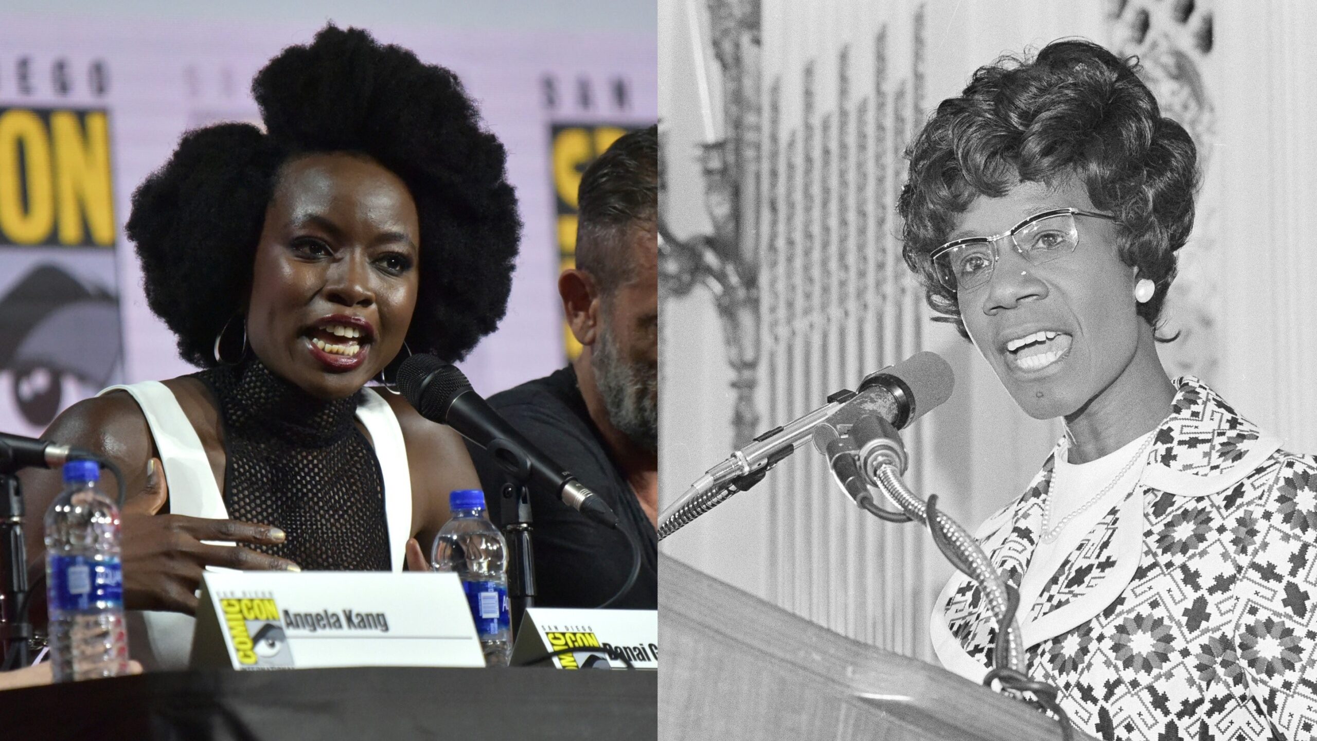 Danai Gurira, left, participates in “The Walking Dead” panel at the Comic-Con International on Friday, July 19, 2019; In this May 16, 1972, file photo, Rep. Shirley Chisholm, D-NY, talks during a speech in San Francisco while campaigning for the U.S. Presidency. Photo: AP Richard Shotwell/Invision/AP