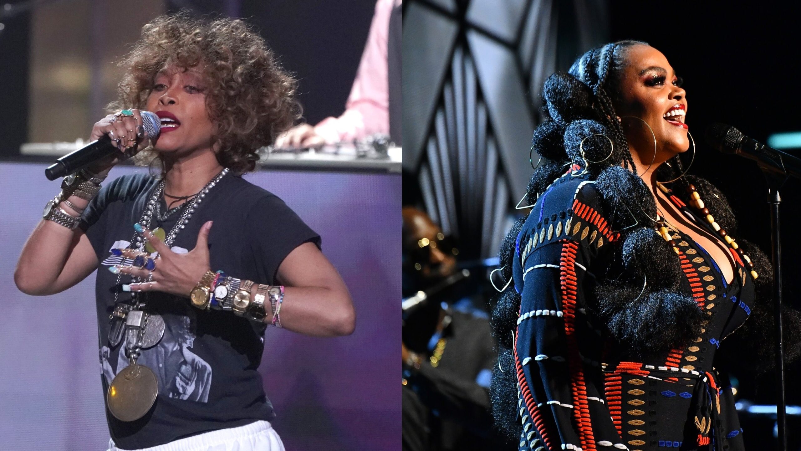 (L-R): Erykah Badu performs onstage at Black Girls Rock 2019 on August 25, 2019 in Newark, New Jersey. ; Jill Scott performs onstage during the 51st NAACP Image Awards on February 22, 2020 in Pasadena, California. Photo: Getty Images for BET Jemal Countess