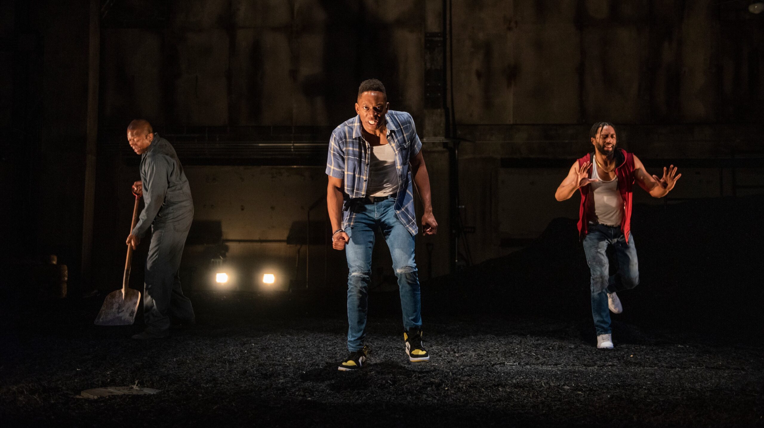 Manny Buckley, left, as Ogun; Patrick Agada as Oshoosi; Rashaad Hall as Elegba in Tarell Alvin McCraney’s The Brothers Size at Steppenwolf Theatre. Photo: Steppenwolf Theatre Michael Brosilow