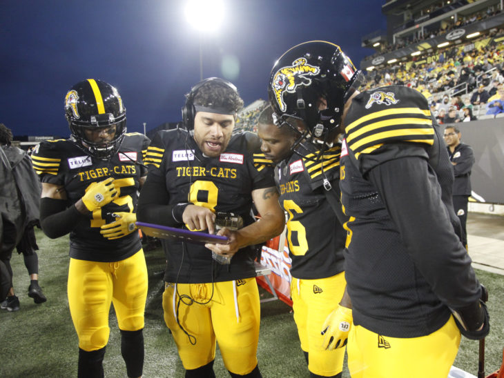 June 13, 2019; Hamilton, Ontario, CAN; Hamilton Tiger-Cats defeat the Saskatchewan Roughriders 23-17 in season opener at Tim Hortons Field. Mandatory Credit: John E. Sokolowski