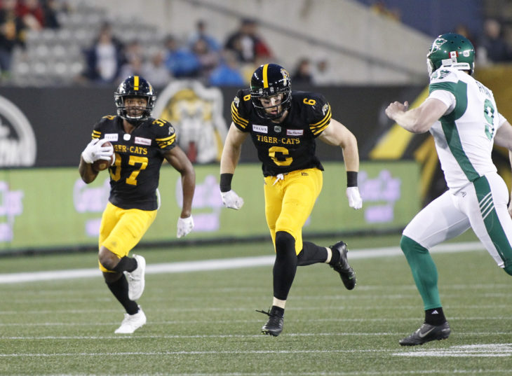 June 13, 2019; Hamilton, Ontario, CAN; Hamilton Tiger-Cats defeat the Saskatchewan Roughriders 23-17 in season opener at Tim Hortons Field. Mandatory Credit: Eddie Sokolowski