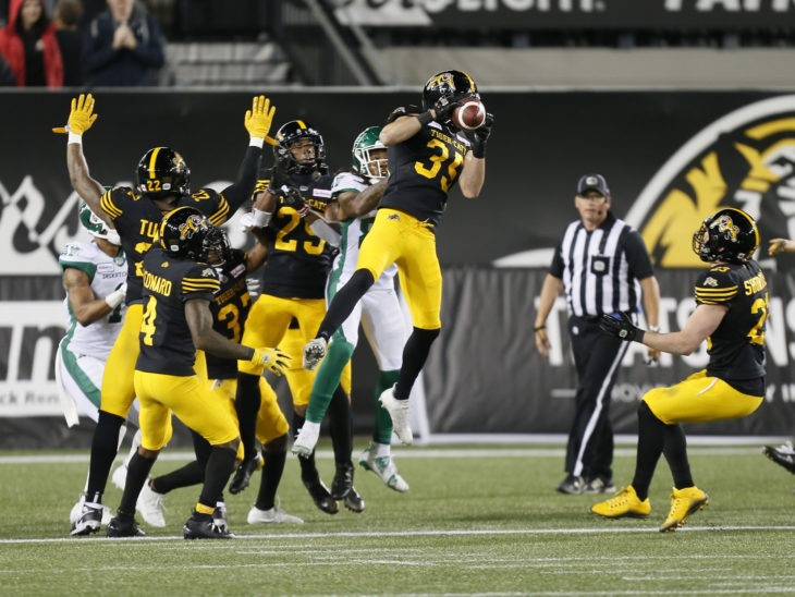 June 13, 2019; Hamilton, Ontario, CAN; Hamilton Tiger-Cats defeat the Saskatchewan Roughriders 23-17 in season opener at Tim Hortons Field. Mandatory Credit: John E. Sokolowski