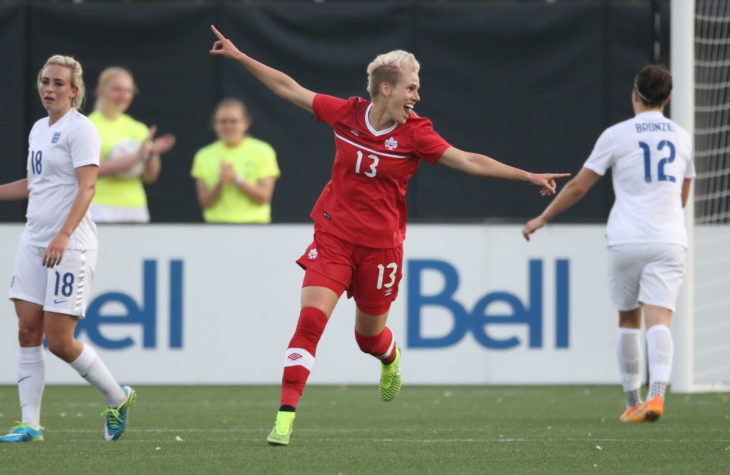 HAMILTON, CANADA - MAY 29: Sophie Schmidt #13 of Canada celebrates her goal against England during their Women's International Friendly match on May 29, 2015 at Tim Hortons Field in Hamilton, Ontario, Canada. (Photo by Tom Szczerbowski/Getty Images)