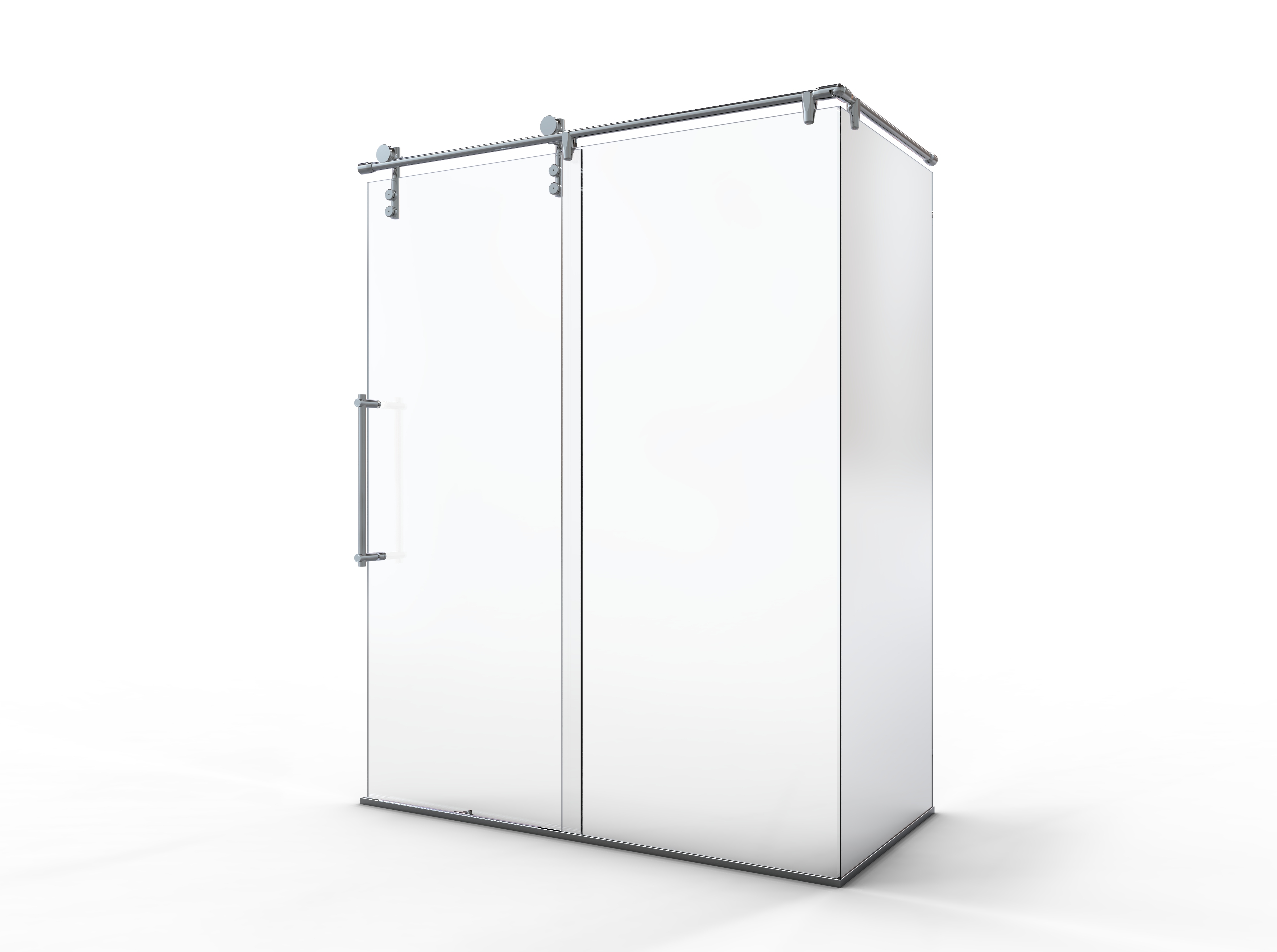 Rolaire Frameless 3/8inch Glass Rolling Door, Inline Panel & Return