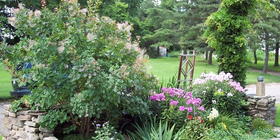 Landscaping with flowers, trees, shrubs, and vegetables. 