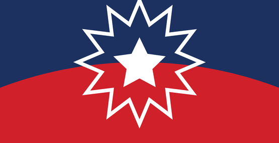 Juneteenth flag adapted from original sources by artist nafSadh, Dark blue and red horizontal bands with a white 5-point star inside the outline of a 12-point white star.