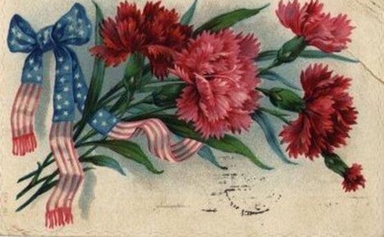 Vintage illustration of a bundle of carnations with a flag ribbon