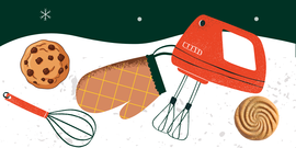 Illustration of baked goods, a blender, oven mitt, and whisk with text gluten free, sugar free, low saturated fat healthier cookie baking class.