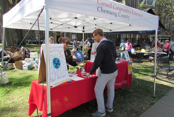 A person chats with the CCE Chemung extension educator at their outreach table at Wisner Market.