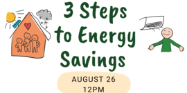 3 Steps to Energy Savings Flyer with illustrations of a family in a house and person enjoying air from a heat pump