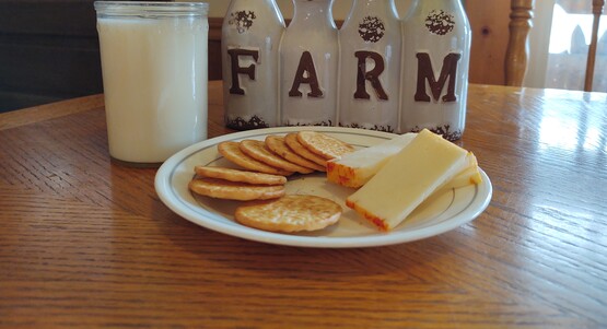 glass of milk with plate of cheese and crackers. Farm flower pot with daffodils. 