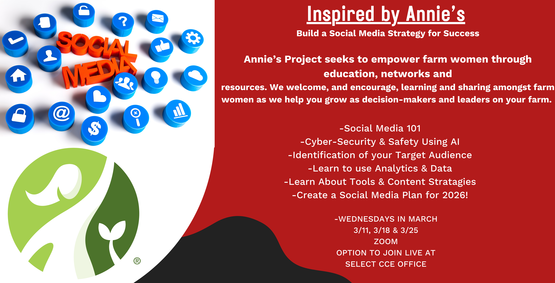 Build a Social Media Strategy for Success

Annie’s Project seeks to empower farm women through education, networks and
resources. We welcome, and encourage, learning and sharing amongst farm
women as we help you grow as decision-makers and leaders on your farm.