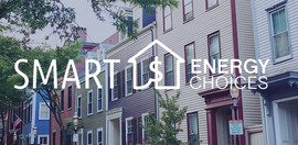 couple with baby in kitchen of home, under text Smart Energy Choices 