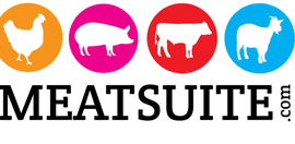 Logo for MeatSuite.com consisting of profiles of a chicken, pig, cow and goat in brightly colored circles against a dark background and the words MeatSuite.com