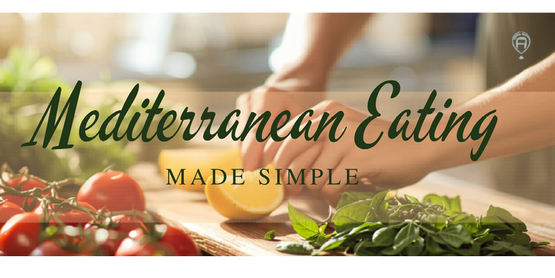 A person slicing a lemon on a countertop, with tomatoes and basil beside. Text reads Mediterranean Eating Made Simple