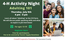Adulting 101 Flyer. "Learn all about “Adulting” at the CCE farm. 
We will discuss public speaking skills and what to expect in job interviews!" For ages 13 - 19