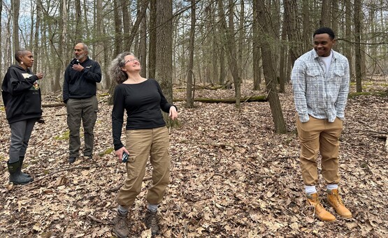 People walking on property with trees
