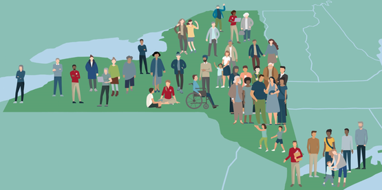 map of New York State with people and families on top of it
