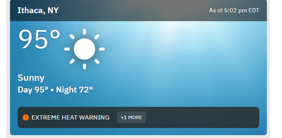 Screenshot of a weather app reading 95 degrees, extreme heat warning.