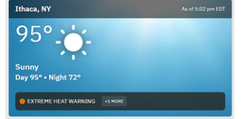 Screenshot of a weather app reading 95 degrees, extreme heat warning.
