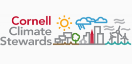 Cornell Climate Stewards logo consisting of name of program, outline of city skyline, a tree, sun, clouds, solar panels, wind turbines, and waves.