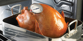 a roasted turkey with a food thermometer