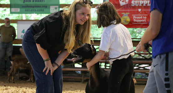 An adult speaking to a child, who is leading a goat.