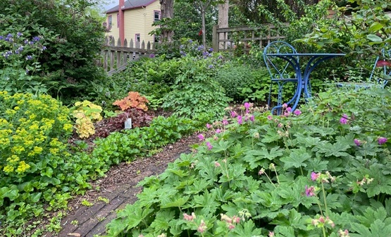 Photo of garden with pathway and bistro set