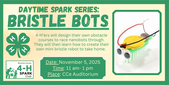 Our daytime Spark program is designed with our growing homeschooling community in mind. Our 4-H'ers will design their own bristle bots—tiny vibrating robots made from toothbrush heads and simple motors.  Before they put them to work though, they will first design and build a custom maze, testing it with hexbug nanobots. 

​Once their maze is complete, they will then build their own personal robot-- the bristle bots.  As they race, they will have to observe and make adjustments to their designs to get them to move forward through the obstacle course. This is a great starter exercise in engineering, design thinking, and robotics!

4-H'ers will get to take both their maze and personal bristle bot home with them.



Who: Broome County 4-H Members

This is not a drop-off program. As with all of our 4-H programs, we encourage parents to stay (and potentially help) with their young ones.

When: Wednesday, November 5, 2025

Time: 11:00am- 1:00pm

Where: CCE Auditorium, 

840 Upper Front Street, Binghamton