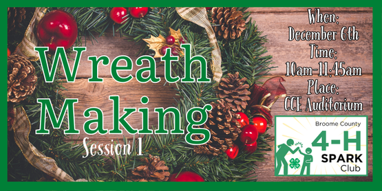 This has become a Broome County 4-H tradition! Come and make a pine bough wreath or kissing ball. Since this program is so popular, we are offering two time slots to choose from. Members can keep their wreaths classic and simple or bring along their own adornments to personalize it. (We will have a limited selection of ornaments for members to use.)

Who: All 4-H Members

When: Saturday, December 6, 2025

Time: 10:00 am- 12:00pm

Place: CCE Auditorium