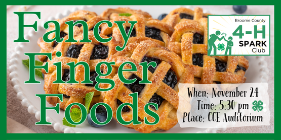 Our Fancy Finger Foods class is back again this year! We’ll cook up some new recipes for this program, but the goal is the same-- simple, delicious, and fancy appetizers that kids can recreate at home for holiday get-togethers. (Those attending should be capable of, and comfortable with, safely handling a knife.) 



Who: 4-H Members ages 8-18 years

When: Monday, November 24, 2025

Time: 5:30 pm-7:30 pm

Where: CCE Auditorium