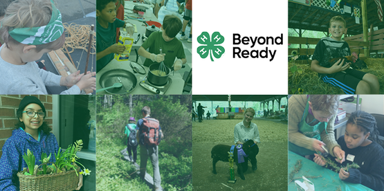 Seven images of 4-Hers making crafts, preparing food, holding a chicken, holding a basket of plants, hiking with backpacks, posing with a sheep and several ribbons, and working on a plant-related craft.