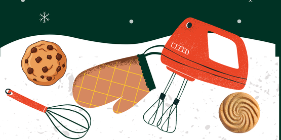 Illustration of baked goods, a blender, oven mitt, and whisk with text gluten free, sugar free, low saturated fat healthier cookie baking class.