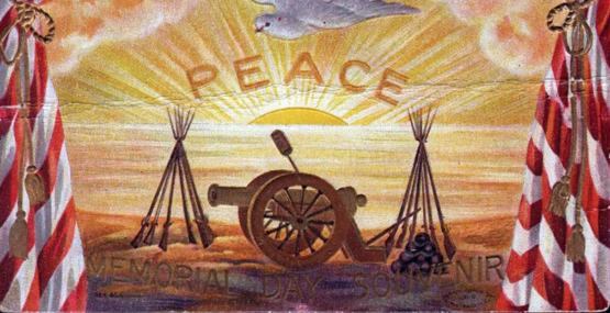 vintage Memorial Day card showing a dove of peace, a cannon and the American flag