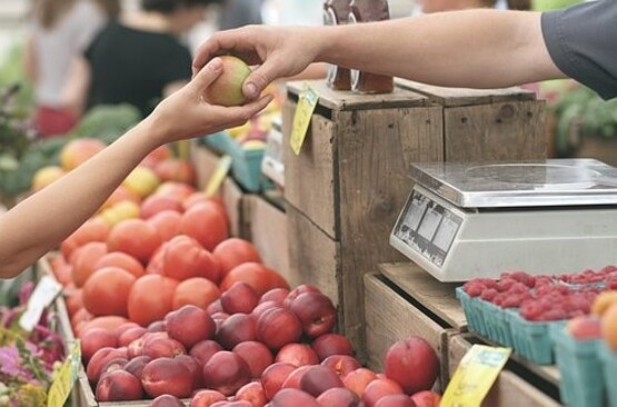 a person handing another person an apple at a farmers' market fruit stand