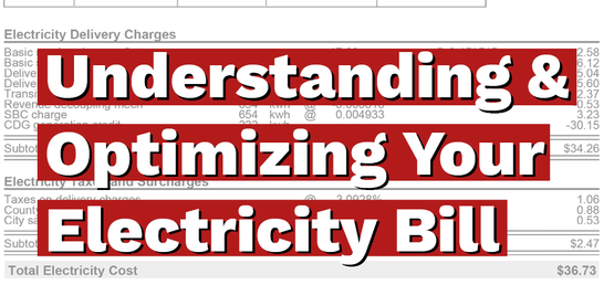 Standard utility bill with overlaid text Understanding & Optimizing Your Electricity Bill.