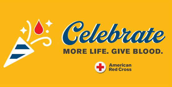 Illustration of a party horn with text Celebrate more life: give blood.