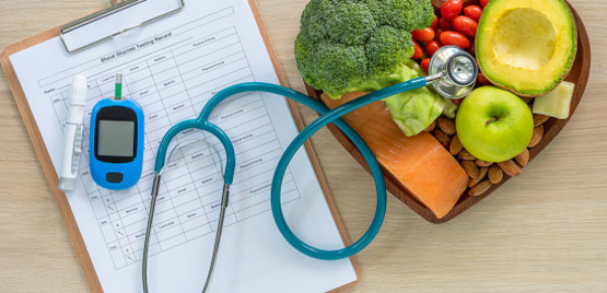 food and diabetes info with stethoscope