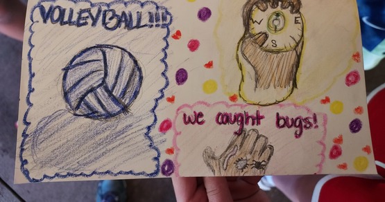 Camper journal entry about a day of playing volleyball, learning how to use a compass, and learning about insects.