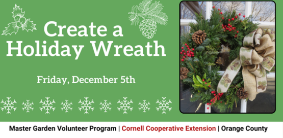 Create a Holiday Wreath
Friday, December 5th
Graphics: White line drawings of snowflakes, a holly sprig and a pine bough on a green background
Photo: Holiday Wreath hanging on a door made with a variety of greens and covered with red berries, pine cones and large golden bow