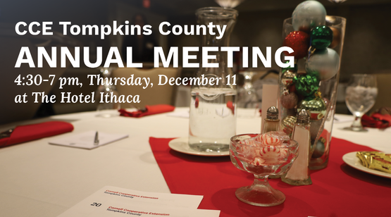 A table set with festive holiday decorations and text CCE Tompkins County Annual Meeting, 4:30-7 pm, Thursday, December 11 at the Hotel Ithaca.