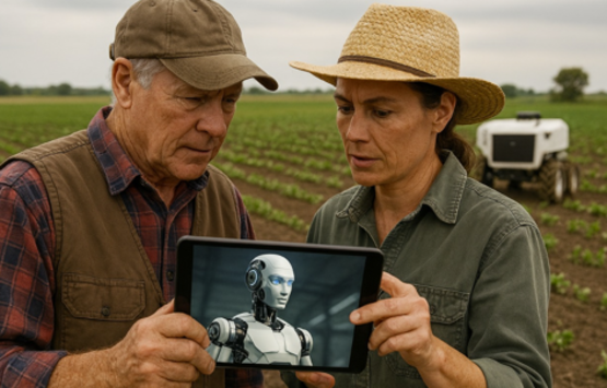 photo of a man and woman bother farmers holding a computer tablet with a picture of a robot on it. Tractor in a field in the background.