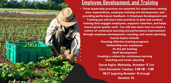 Three leadership practices are essential for supervisors: setting clear expectations, employee training and development, and providing performance feedback. In Employee Development and Training you will learn best practices to plan and conduct training that engages employees, supports retention, and helps ensure great quality work. You will also learn how to create a culture of continuous learning and performance improvement through employee development, coaching, and career planning. 