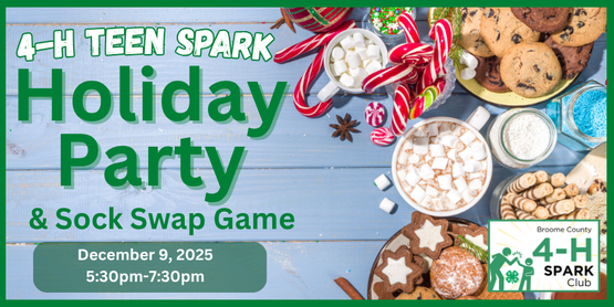 ​We had such a great time last year, we decided to do it all again. Teens will have their own personal session of making pine bough wreaths, followed by the ever-amusing sock-swap game. Teens should bring a pair of socks stuffed with goodies (value of $10-$20,) to trade. This festive event is a wonderful opportunity for our older youth to relax, have fun, and get to know one another in a low-key, welcoming environment.



Who: Broome County 4-H Teens, ages 13+

When: Tuesday, December 9, 2025

Time: 5:30pm- 7:30pm

Where: CCE Auditorium