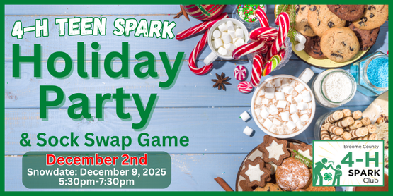 We had such a great time last year, we decided to do it all again. Teens will have their own personal session of making pine bough wreaths, followed by the ever-amusing sock swap game. Teens should bring a pair of socks stuffed with goodies (value of $10-$20,) to trade. This festive event is a wonderful opportunity for our older youth to relax, have fun, and get to know one another in a low-key, welcoming environment.

Who: Broome County 4-H Teens, ages 13+

The teens pushed to change the meeting time, so we've moved it up! 
​When: Tuesday, December 2, 2025

Snowdate: Tuesday, December 9, 2025

Time: 5:30pm- 7:30pm

Where: CCE Auditorium