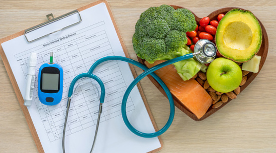 food and diabetes info with stethoscope
