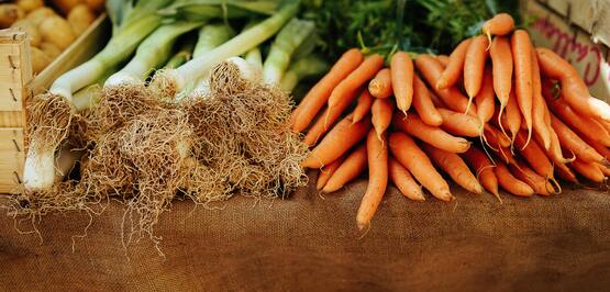 A picture of leeks and carrots, in a crate.
